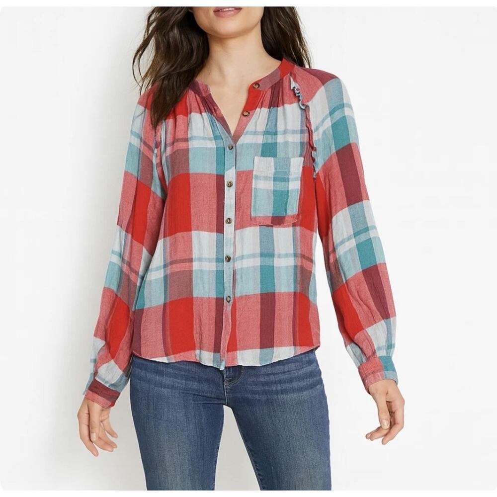 Anthropologie Pilcro Breezy Button down Plaid Blouse Women Medium Red Oversized - Picture 2 of 13